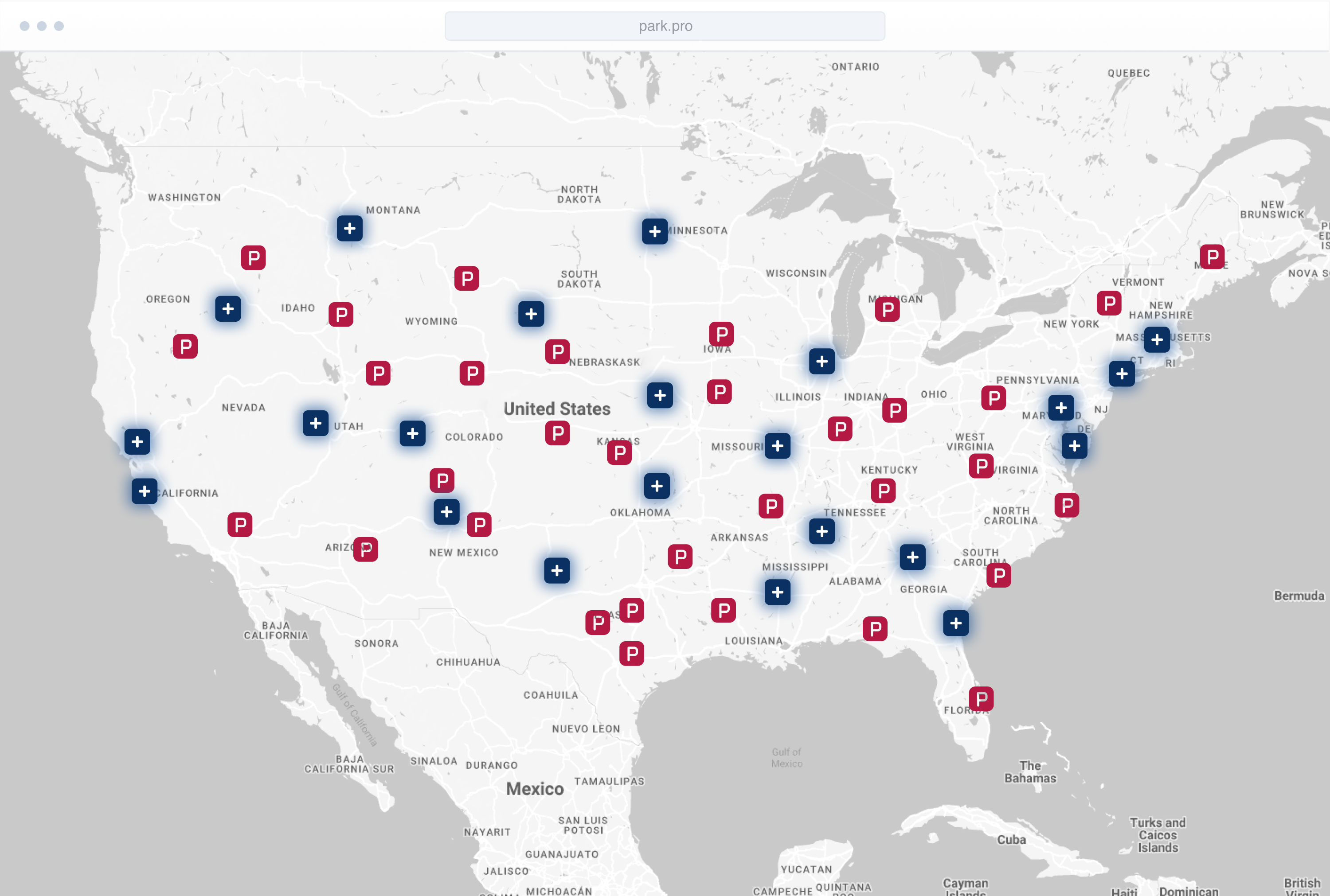 Park Pro Map with Parking location drop-pins throughout the USA